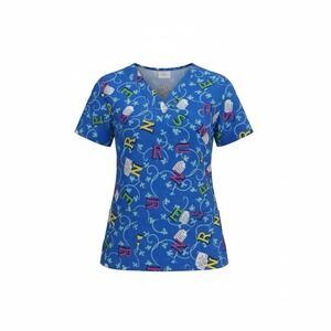 Scrubtime Women's Scrub Top V Neck Scattered Lettering Nurse Multicolor Large